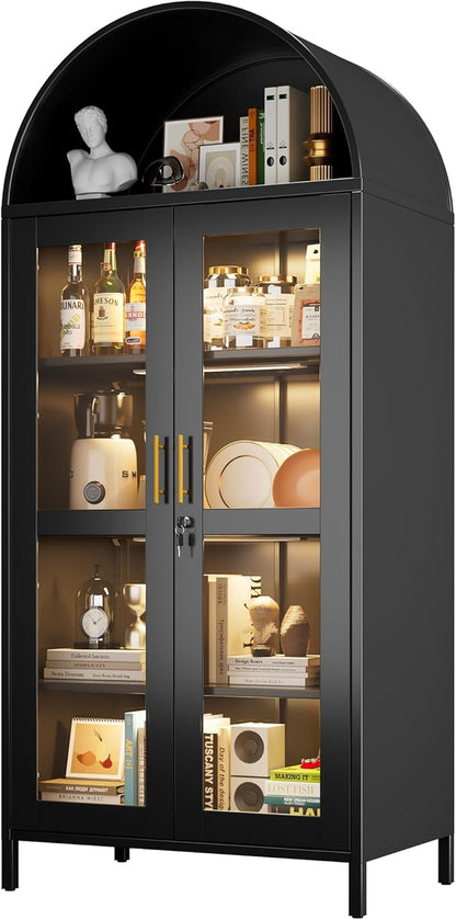 78.74" H Metal Arched Cabinet with Lock and LED Light Strip, Metal Display Cabinet with Glass Doors and Adjustable Shelves,Suitable for Dining Room, Home, Assembly Required,Black