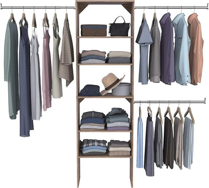 ClosetMaid SuiteSymphony Wood Closet Organizer Starter Kit with Tower and 3 Hang Rods, Shelves, Adjustable, Fits Spaces 5 – 10 ft. Wide, Natural Gray