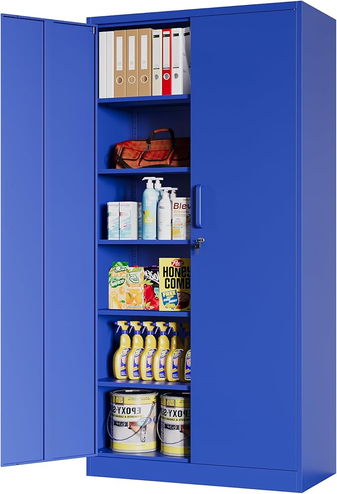 Metal Storage Cabinet with Lock, 71" Black Garage Cabinets with 2 Doors and 4 Adjustable Shelves, Steel Locking Caninet Tall Tool Storage Cabnet, Lockable File Caninets for Home Office, Pantry