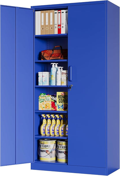 Metal Storage Cabinet with Lock, 71" Black Garage Cabinets with 2 Doors and 4 Adjustable Shelves, Steel Locking Caninet Tall Tool Storage Cabnet, Lockable File Caninets for Home Office, Pantry