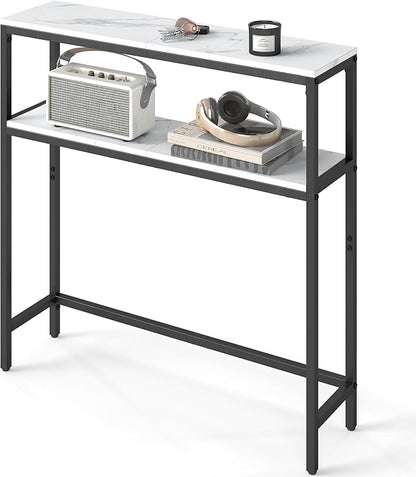 VASAGLE Console Table, 2-Tier Narrow Sofa Table with 2 Shelves, 7.9 x 31.5 x 31.5 Inches, for Living Room, Hallway, Entryway, Marble White and Ink Black ULNT130W59V1