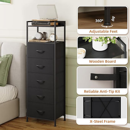Somdot Tall Night Stand for Bedroom,Tall 5 Drawers Dresser, Vertical Storage Tower Unit, Nightstand Furniture with Fabric Drawer Organizer in Bedside Kids Dorm Room Closet Laundry Entryway,Black