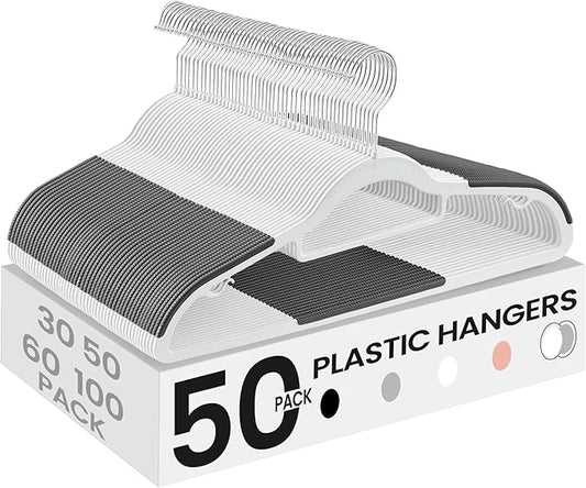 SONGMICS Pack of 50 Coat Hangers, Heavy-Duty Plastic Hangers, Clothes Hangers, White and Dark Gray UCRP020W02