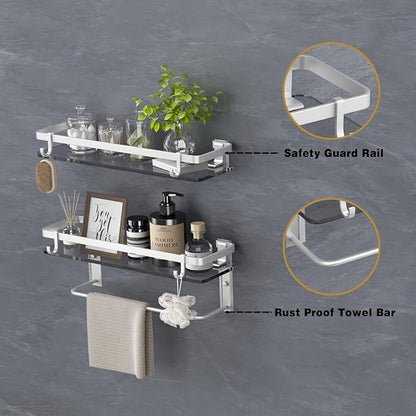 VOLPONE Glass Shelf for Bathroom 15.7 in Bathroom Shelves with Towel Bar Tempered Glass Shelves with 4 Removable Hooks for Wall（2 Tier）
