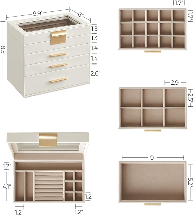 SONGMICS GISELLA Collection - Jewelry Box Organizer, 4-Layer Jewelry Storage with 3 Drawers, Shiny Metal Hardware, Glass Lid, Modern, 6 x 9.9 x 8.5 Inches, Cloud White and Gold Color UJBC161W01
