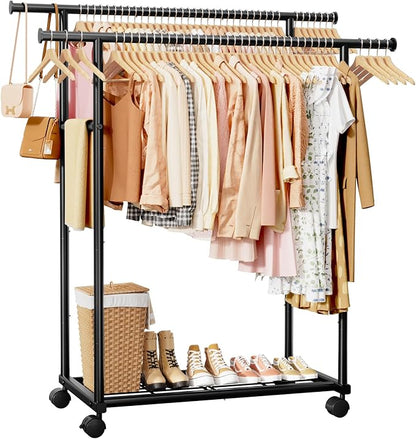 Metal Clothes Rack - Double Rod Clothing Rack with Fixed Design and Rolling Wheels, Coat Rack with Built-In Shelf for Closet Organizers and Storage (45.6" x 16.9" x 61.0", Black)