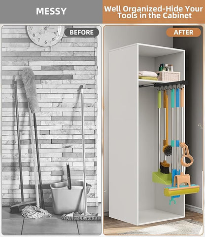 Pull Out Broom Holder With Adjustable Double Row Sliding Hook, Multifunctional Slide Broom And Mop Storage/Organizer Garage Organization Hooks, for Closet Laundry Garage - 36cm/14.17in