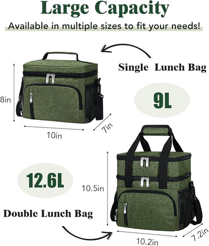 Insulated Lunch Bag for Men & Women, Double Leakproof Lunch Box Soft Cooler Tote with 5 Pockets, 600D Oxford, EVA Lining, Adjustable Strap for Work, Picnic, Beach&Travel-Army Green