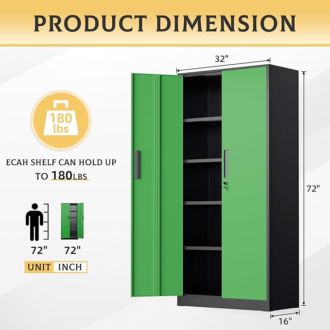 SUNCROWN 72" Metal Storage Cabinet - Heavy-Duty Metal Garage Cabinet with 4 Adjustable Shelves & 2 Doors for Tools, Office, Home, Workshop,Black & Green-Small