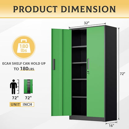 SUNCROWN 72" Metal Storage Cabinet - Heavy-Duty Metal Garage Cabinet with 4 Adjustable Shelves & 2 Doors for Tools, Office, Home, Workshop,Black & Green-Small