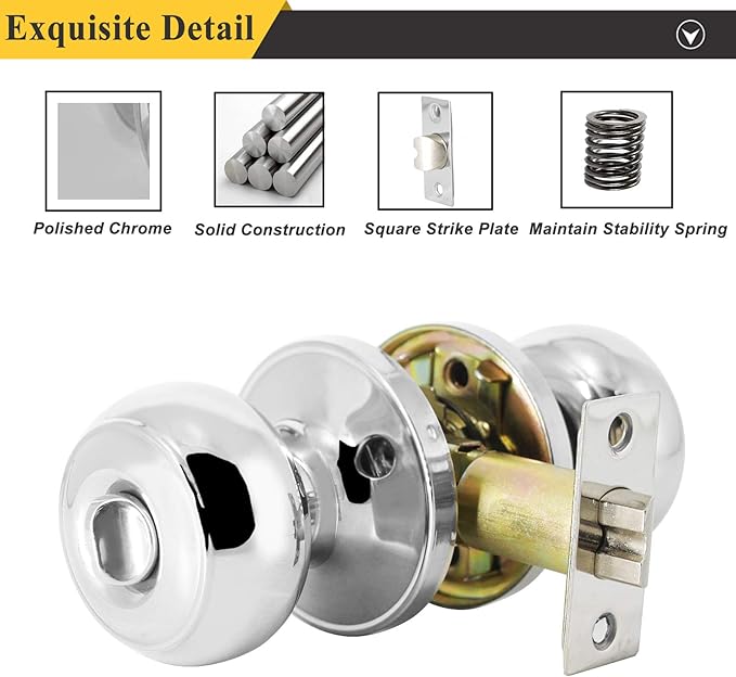 Probrico Polished Chrome Bedroom/Bathroom Privacy Door Knob, Colonial Style Flat Ball Interior Hardware, Keyless Universal Handing Door Lockset, 1 Pack