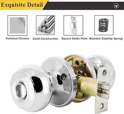 Probrico Polished Chrome Bedroom/Bathroom Privacy Door Knob, Colonial Style Flat Ball Interior Hardware, Keyless Universal Handing Door Lockset, 1 Pack