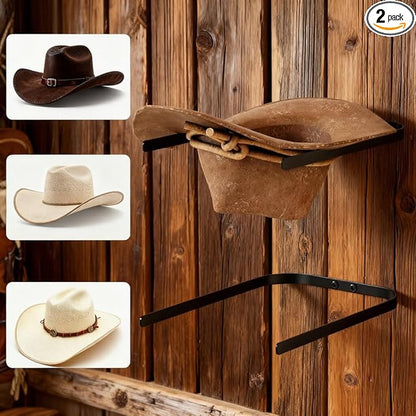 2-Pack Metal Hat Rack for Wall Mount – Space-Saving Cowboy Hat Holder & DIY Wall Display Hanger – Compact Hat Organizer with Screws, Black (No wooden board)