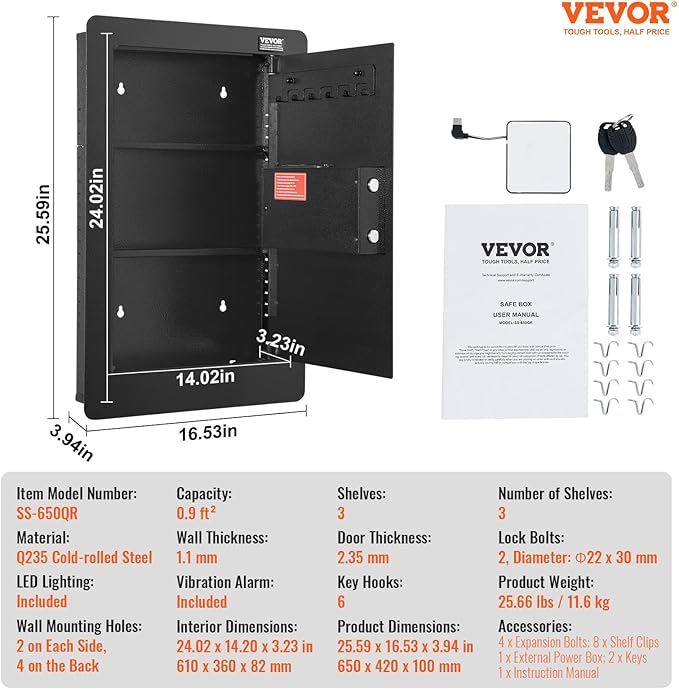 VEVOR 25.59" High Concealed Wall Safe, Keypad Access 3-Level Security Safe, Includes 3 Adjustable Shelves & 6 Hooks, Made of Durable Q235 Steel, Features LED Lighting & Alert System for Valuables