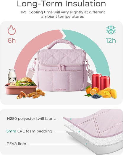 BAGSMART Insulated Lunch Bags for Women, Cute Quilted Lunch Box, Lightweight Puffy Padded Waterproof Lunch Tote, Reusable Lunch Cooler for Work Picnic Travel, Sage Green