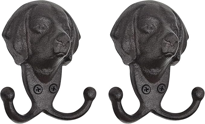 Cast Iron Wall Hooks - Rustic Dog Head Leash Holder, Wall Mount Coat Hooks, Heavy Duty Double Key Hook, Decorative Vintage Hanger for Entryway, Mudroom, Farmhouse Animal Decor 2 Pack