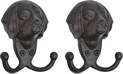 Cast Iron Wall Hooks - Rustic Dog Head Leash Holder, Wall Mount Coat Hooks, Heavy Duty Double Key Hook, Decorative Vintage Hanger for Entryway, Mudroom, Farmhouse Animal Decor 2 Pack
