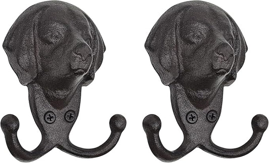 Cast Iron Wall Hooks - Rustic Dog Head Leash Holder, Wall Mount Coat Hooks, Heavy Duty Double Key Hook, Decorative Vintage Hanger for Entryway, Mudroom, Farmhouse Animal Decor 2 Pack