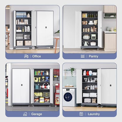 Metal Storage Cabinet with Wheels, Tall Garage Storage Cabinet with 4 Adjustable Shelves and 2 Doors, Lockable Tool Cabinet for Garage Home Office,Gym,School (White-Gray)
