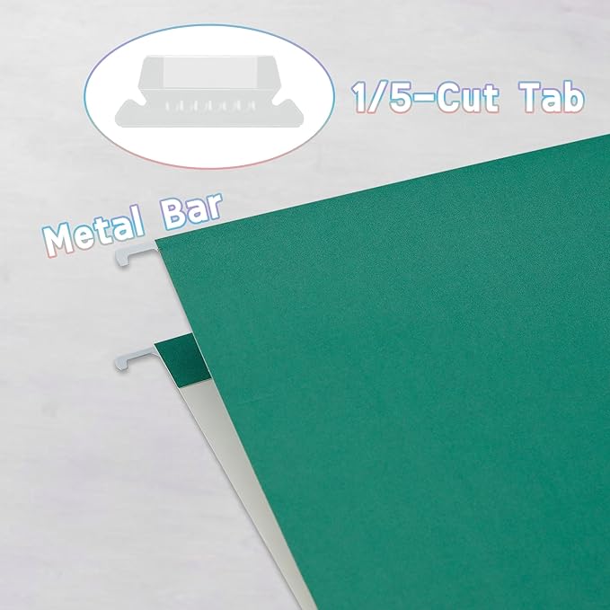 25 Packs Hanging File Folders Green,Letter Size 8.5x11, Hanging File Folders with 1/5-cut Tabs,File Folders for Filing Cabinet,Ideal Office,School Classroom Supplies