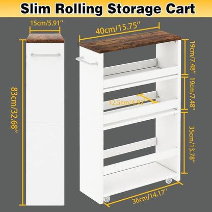 IBUYKE Slim Storage Cart 5.9" W, Rolling Organizer Trolley for Small Spaces, 4-Tier Laundry Cart with Handle, Slide Out Utility Cart for Kitchen, Living Room, Laundry,Narrow Places,White WST005W