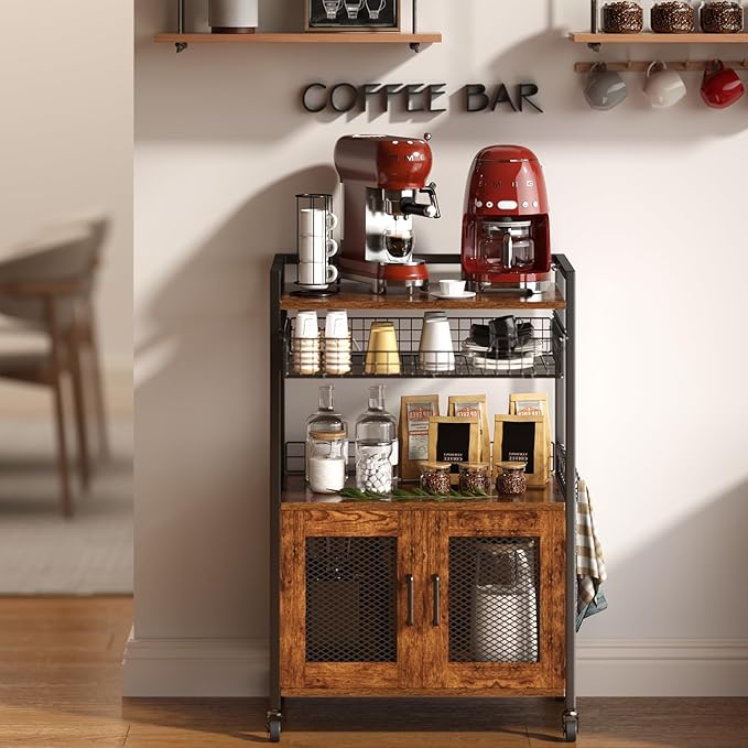 Coffee Bar Cabinet, 3 Tier Coffee Station Table on Wheels, 35.9" H Bar Cart with Wire Basket Drawer & 5 Hooks for Home Kitchen, Liquor Buffet Sideboard Cabinet (Rustic Brown)
