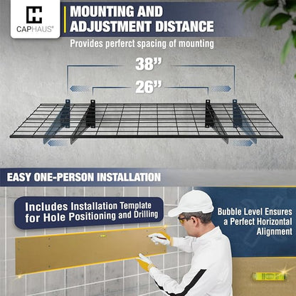Fencer Wall Mounted Garage Shelving - 96" W x 18" D, 4 Hooks, White, Heavy Duty, 1000lb Capacity