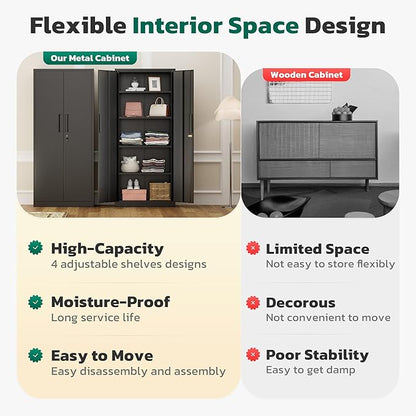 Greenvelly Metal Cabinet, 63”Tall Kitchen Pantry Storage Cabinets with 2 Lock Doors and 4 Adjustable Shelves,Black Kitchen Cabinet Storage for Dinning Room,Garage,Office