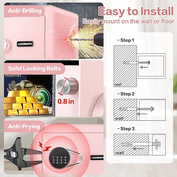 Safe for Home, 1.0 Cubic Feet Small Safe with Removable Shelf, Alarm System, Digital Electronic Security Money Box for Cash, Document, Home, Office, Hotel Use, Pink, 9.84"D x 13.78"W x 9.84"H