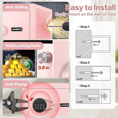 Safe for Home, 1.0 Cubic Feet Small Safe with Removable Shelf, Alarm System, Digital Electronic Security Money Box for Cash, Document, Home, Office, Hotel Use, Pink, 9.84"D x 13.78"W x 9.84"H
