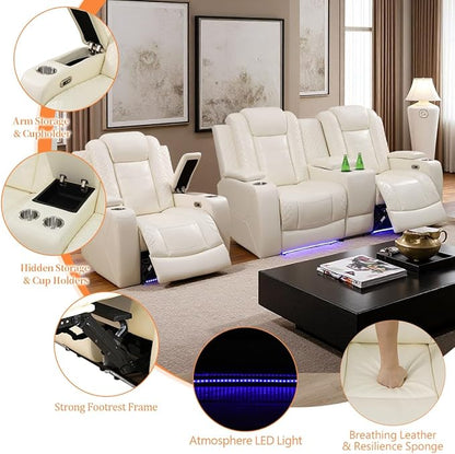 Living Room Furniture Sets,Power Reclining Couch Set for Living Room, Power Reclining Loveseat Recliner Chair with Drop Down Table LED Cupholders for Home and Office, Creamy White