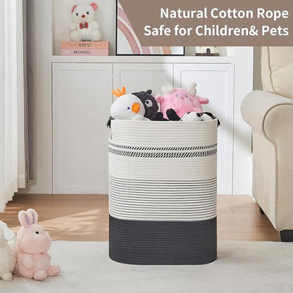 DOFASAYI Laundry Hamper - 85L Large Laundry Basket with Leather Handles, Decorative Storage Basket for Blankets - Clothes Hamper for Living Room, Bedroom, Black & White