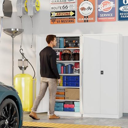 Metal Garage Storage Cabinets with Lock, 71" Tall Tool Cabinet with 2 Door and 5 Adjustable Shelves, Locking Garage Cabinets and Lockable Steel Locker for Home Office Warehouse - (White-71”H)