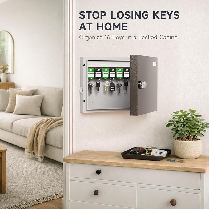 WeHere 16 Key Lock Box – Wall Mounted Key Cabinet with Dual Lock (Key & 3-Digit Combination), Home & Small Office Key Organizer for Entryway & Garage，Includes Key Tags