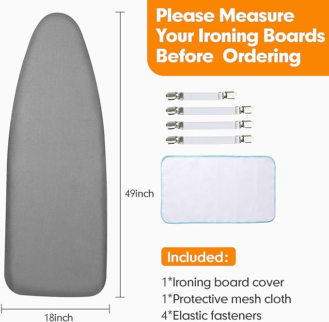 Ironing Board Cover and Pad, 18x49 Extra Wide Thick Iron Padding, Scorch & Stain Resistant Ironing board cover, Heavy Duty Iron Board Padded with Adjustable Fasteners Durable Elastic Edge, Grey