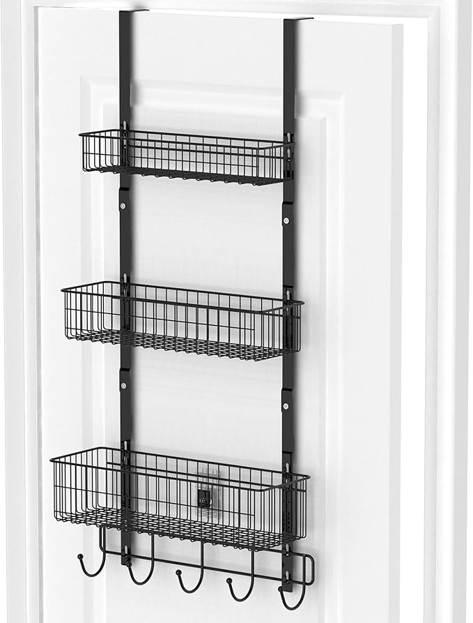 YBING Over The Door Organizer with Hooks 3 Tier Back Towel Hanger Baskets Metal Behind Hanging Storage Shelf Pantry Racks for Bedroom Bathroom Black, R01-R984