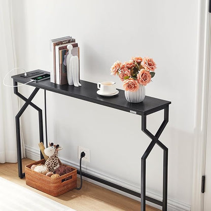 Console Sofa Table, 44.9" Entryway Table with Power Station, Narrow Couch Table with USB Ports and Outlets, Metal Frame, for Entrance, Living Room, Black CTHB113E01