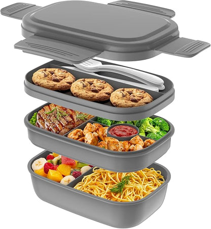 Bento Box Adult Lunch Box,3 Stackable Bento Lunch Containers for Adults/Kids, Modern Minimalist Design Bento Box with Utensil Set, Leak-Proof Lunchbox for Dining Out, Work, Picnic, School