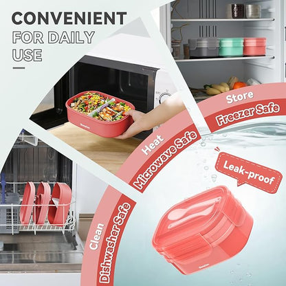 2 Layers Bento Box, All-in-One Stackable Lunch Container with Compartments, 64oz Leakproof Microwave Safe Dishwasher Safe Bento Box with Lunch Bag and Utensil Set for Kids and Adults