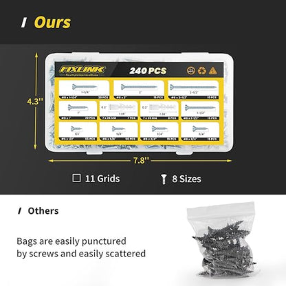 Wood Screws Assortment Kit, FIXLINK 240 PCS High Hardness Flat Head Wood Screws Set, Phillips Drive Assorted Screws, Contain 15PC Anchors and 8 Size (2-1/2”,2”,1-1/2”,1-1/4”,1”,3/4”,5/8”,1/2”), Zinc