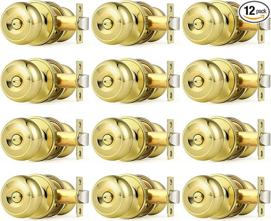 Probrico Polished Brass Door Knobs, Interior Door Knobs with Round Ball Knob, Nickel Privacy Door Knob for Bedroom Bathroom, 12 Pack