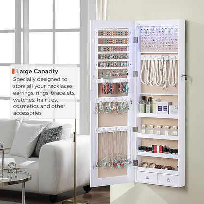 GISSAR Full Length Mirror Jewelry Cabinet, 6 LEDs Jewelry Armoire Wall Mounted Over The Door Hanging, Jewelry Organizer Storage with Lights Lockable, White Surface with Beige Lining, 14.6" x 47.2"