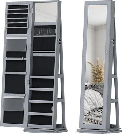 HOMCOM 360° Swivel Jewelry Cabinet, Lockable Jewelry Armoire Organizer with Full-Length Mirror, Back Storage Shelves, Interior Small Mirror, for Bedroom Living Room, Gray
