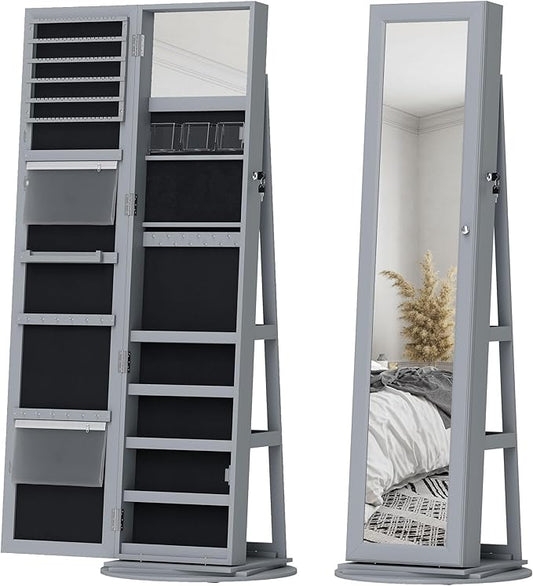 HOMCOM 360° Swivel Jewelry Cabinet, Lockable Jewelry Armoire Organizer with Full-Length Mirror, Back Storage Shelves, Interior Small Mirror, for Bedroom Living Room, Gray