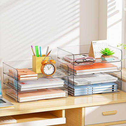 YKLSLH 4 Trays Paper Organizer Letter Tray - Acrylic Desk File Organizer, Stackable Clear Paper Holder Sorter Office Organizer for Letter/A4, Office File Ipad Books Notes Etc