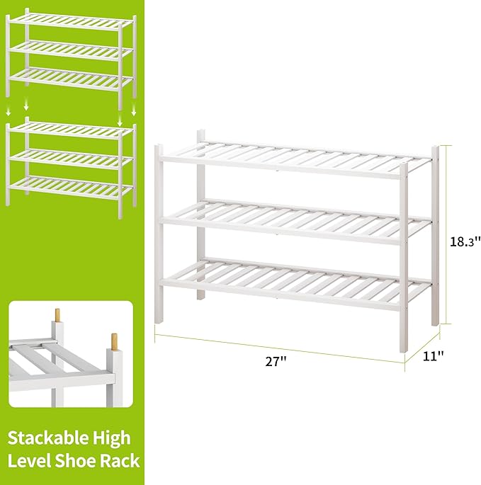 BMOSU 3-Tier Bamboo Shoe Rack Premium Stackable Shoe Shelf Storage Organizer for Hallway Closet Living Room Entryway Organizer(White Bamboo)