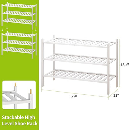 BMOSU 3-Tier Bamboo Shoe Rack Premium Stackable Shoe Shelf Storage Organizer for Hallway Closet Living Room Entryway Organizer(White Bamboo)