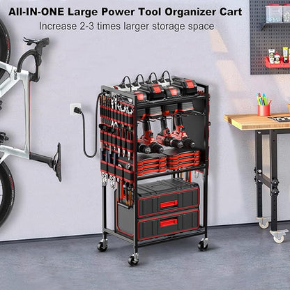 JUNNUJ Large Power Tool Organizer Cart with Charging Station, Garage Floor Standing Rolling Drill and Tools Battery Storage Cart on Wheels, Heavy Duty Utility Rack Shelf with 8 Outlet Power Strip, Red