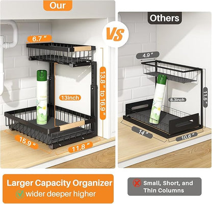 PXRACK Under Sink Organizer, Adjustable Height, 2-Pack 2 Tier Pull Out Under Cabinet Organizer, Slide Out Thickened Metal Under Sink Storage for Kitchen Bathroom Laundry Pantry Cabinet, L, Black