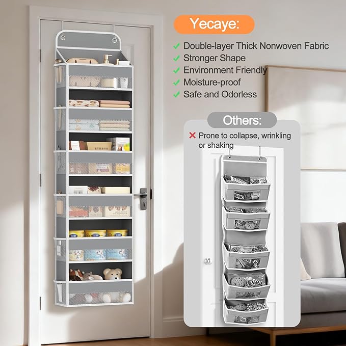 Yecaye 6 Tier Over the Door Organizer, 52.8lbs Capacity Door Organizer Hanging with 12 Mesh Pockets, Behind the Door Storage for Closet Baby Nursery Bathroom Bedroom,and Dorm